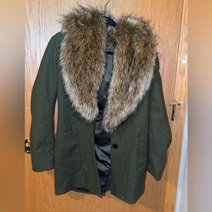 Capulet Jude Army Green Wool Blend Coat with Faux Fur Collar
